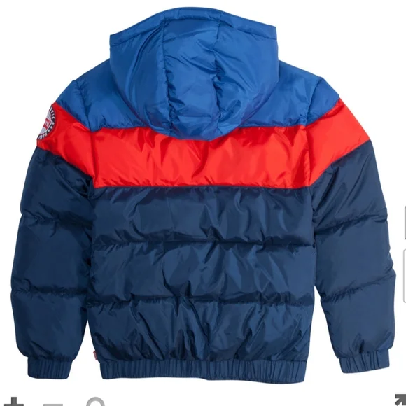 Levi's Big Boy Puffer Jacket With Hood LOGO In Front L 12-13 Years Navy Red New.